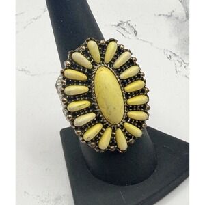 Silver Tone Western Style Yellow Glass Cabochon Statement Ring 1.5" Stretch